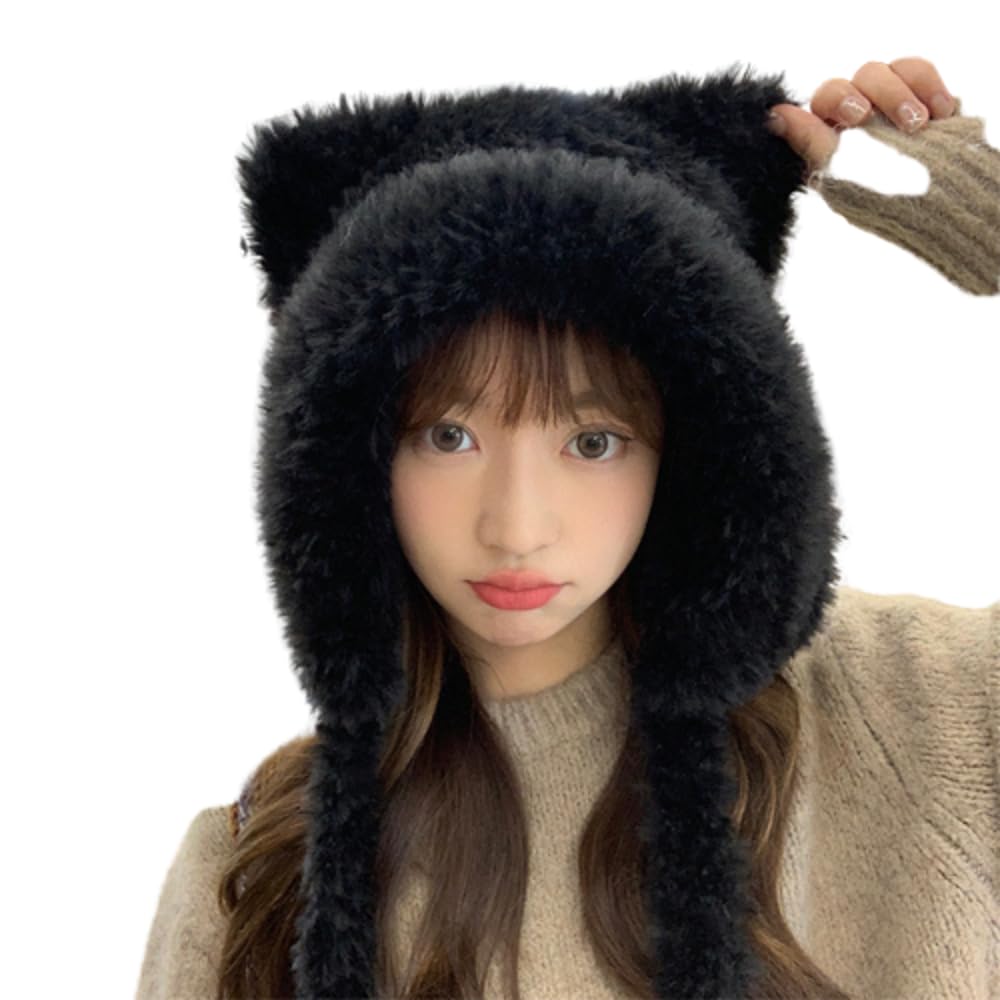 ANKOMINA Winter Cute Bear Ear Warm Hat Women Plush Earflap Beanie Hat Kids Girls Windproof Skull Cap B Black