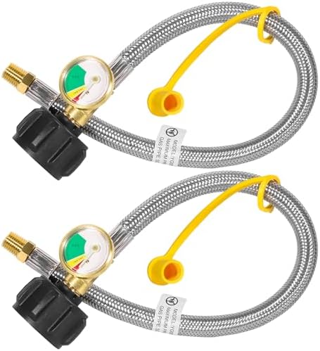 18 Inch RV Propane Hose with Gauge - Camper Tank Hose Replacement Stainless Steel Braided, Rv lp Gas Hoses Connector for Standard Two-Stage Regulator - 1/4 Male NPT x QCC1, 350 PSI (2 Pack)