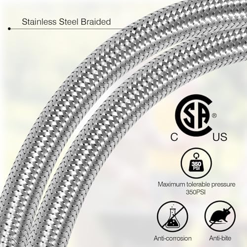 18 Inch RV Propane Hose with Gauge - Camper Tank Hose Replacement Stainless Steel Braided, Rv lp Gas Hoses Connector for Standard Two-Stage Regulator - 1/4 Male NPT x QCC1, 350 PSI (2 Pack)