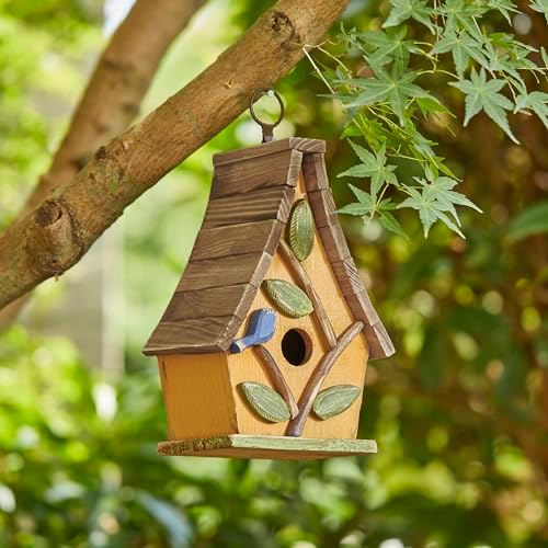 Glitzhome Bird Houses for Outside, Bluebird Houses for Outdoors, 9.5"H Hanging Bird House Decorative Solid Wood Birdhouse with Natural Wood Pallet Roof for Hummingbird,Sparrow,Wren Finch,Washed Yellow