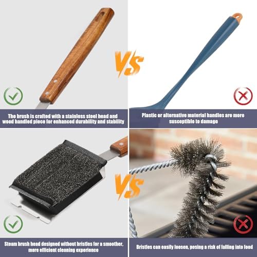 Grill Brush Bristle-Free Stainless Steel Safely Steam Grill Cleaner for Outdoor Grill Larger Brush Head Design,Wood Handle with 1 Replacement Head,All Types of Grills Ideal Gift for Dads