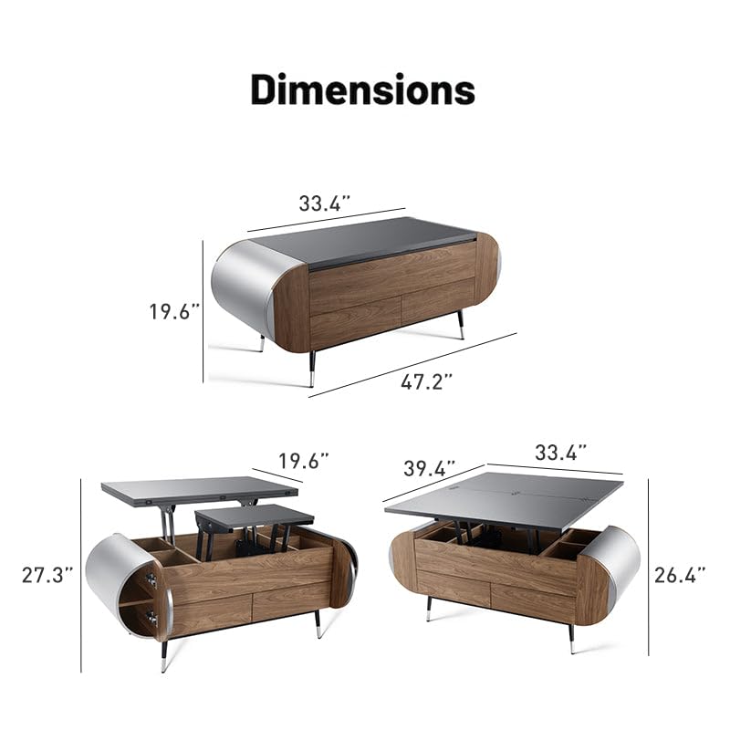 ALIVING Coffee Table, 47.2" Lift Top Coffee Table with 4 Storage Drawers and Rounded Edges, Farmhouse Center Table with Wooden Lift Tabletop, for Living Room,Walnut