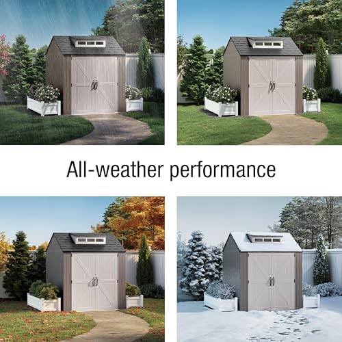 Rubbermaid Large Resin Outdoor Storage Shed With Floor (7 x 7 Ft.), Weather Resistant, Brown, Organization for Home/Lawn Mower/Backyard Equipment/Bike Storage/Pool Supplies