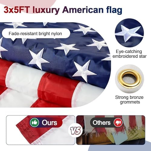 American Flag with Pole - Includes 6ft Heavy Duty Flag Pole Holder for Outside House,3x5 Embroidered US Flag and Wall Mount Bracket,Tangle Free Flagpoles Kit for Porch,Fence,Outdoor