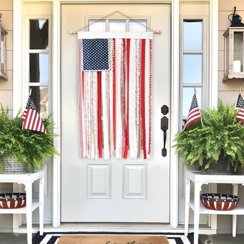 American Flag Wall Banner, 4 x 2.3 Ft, Patriotic Ribbon Hanging Decor, Red White Blue, Indoor Outdoor