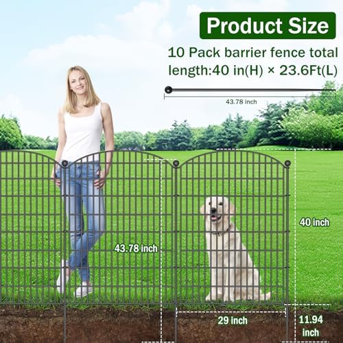 10 Panels No Dig Decorative Garden Fence - 40 in (H) x 23.6 ft (L), Dog Fence Outdoor for Yard，Rustproof Metal Animal Barrier Ground Stakes Fencing for Garden, Patio, Flower Bed