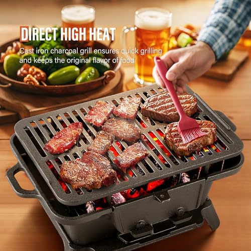 Hibachi Grill Outdoor, Portable Mini Charcoal Grill, 100% Pre-Seasoned Cast Iron, Small Japanese Yakitori Tabletop Skillet Grill Stove for Outdoor Camping