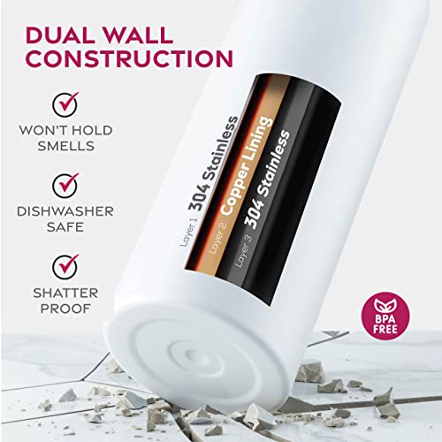 FineDine Triple Walled, Insulated Water Bottles with Straw - 25 Oz Stainless Steel Metal Bottle W/ 3 Leak Proof Lids - For Travel, School, Sports, Gym/Men, Women & Kids - Pure Pearly White