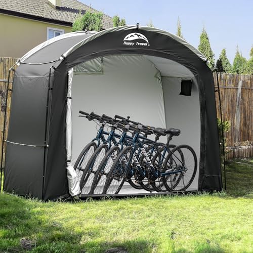 Happy Travel Bike Storage Shed Tent, Waterproof Portable Bicycle Cover with 30% More Top Storage Space for 2/3/4/5 Bikes,Clips Easy Setup Outdoor Sheds Shelter for Motorcycle, Garden Tools, Lawn Mower