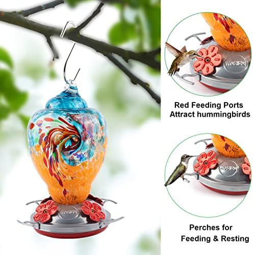 WOSIBO Hummingbird Feeder for Outdoors Patio Large 32 Ounces Colorful Hand Blown Glass Hummingbird Feeder with Ant Moat Hanging Hook, Rope, Brush and Service Card (Blue-Orange)