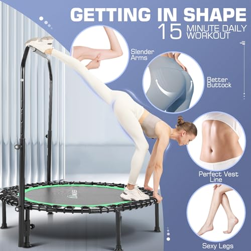 ANCHEER 40" Foldable Mini Trampoline - Max Load 350lbs - 450lbs Indoor Trampoline - with 4 Level Adjustable Foam Handle and Resistance Bands - Adult Exercise Trampoline for Home, Gym and Garden(Blue)