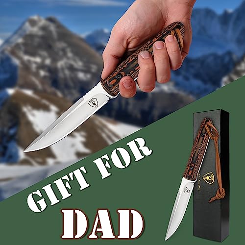 AUBEY Fixed Blade Hunting Knife Full Tang with Leather Sheath for Men, D2 Blade Outdoor Survival Camping Knife, G10 Handle