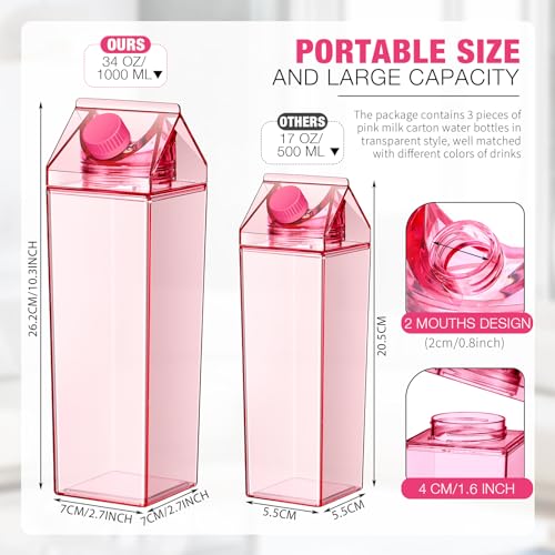 Remerry 3 Pcs 34oz Milk Carton Water Bottle Square Milk Bottle Plastic Coffee Milk Carton Bottle Portable Reusable Milk Carton Cup Leakproof Carton Shaped Juice Bottle (Pink)