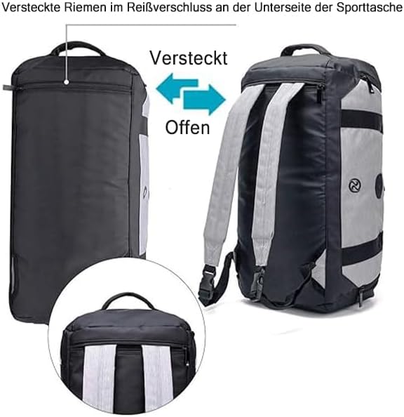 Gym Duffle Bag Backpack Waterproof Sports Duffel Bags Travel Weekender Bag for Men Women Overnight Bag with Shoes Compartment Grey