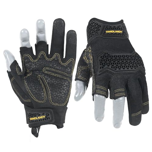 HANDLANDY Fingerless Framer Work Gloves for Men, Utility Grip Paded Gloves for Tactical Shooting Airsoft Hunting Driving (Black- 3 Fingerless, Large (Pack of 1))