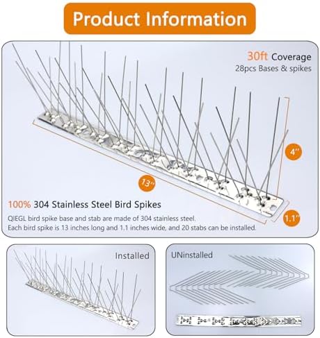 Bird Spikes 304 Stainless Steel for Coverage 30Ft 28pcs Pigeons Anti Bird Spike Small Birds Sparrow Metal Fence Spikes (28 Pack Uninstalled)