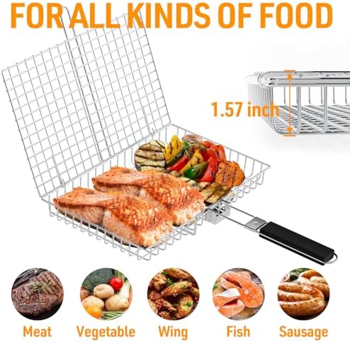 1-Pack Grill Basket with Removable Handle and 304 Stainless Steel, Grill baskets for outdoor grill,Ideal for Grilling Fish and Vegetables, BBQ Accessories for Easy Cooking