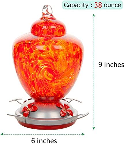 REZIPO Hummingbird Feeder with Perch - Hand Blown Glass - Red - 38 Fluid Ounces Hummingbird Nectar Capacity Include Hanging Wires and Moat Hook