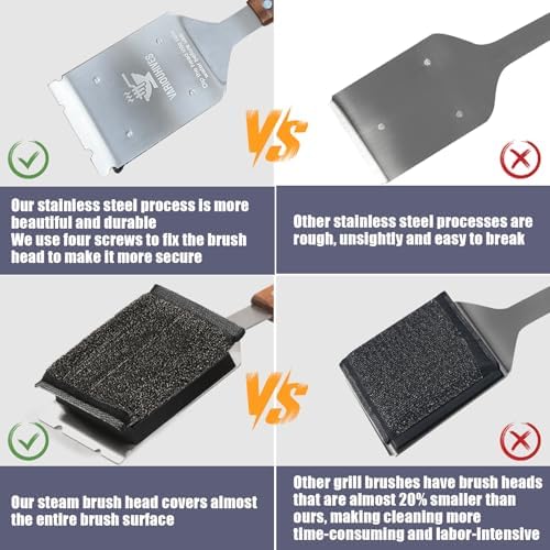 Grill Brush Bristle-Free Stainless Steel Safely Steam Grill Cleaner for Outdoor Grill Larger Brush Head Design,Wood Handle with 1 Replacement Head,All Types of Grills Ideal Gift for Dads