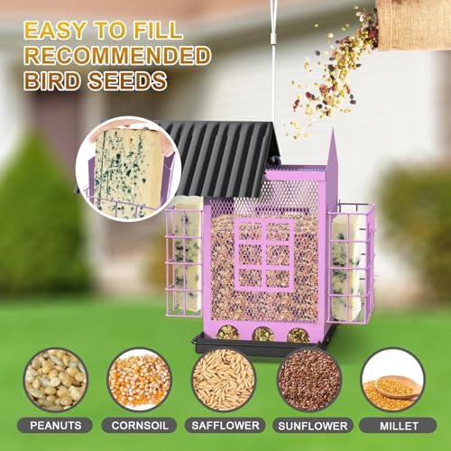 Bird Feeders for Outdoors Hanging, Metal Bird Feeder with Double Suet Cage Cake, Large Capacity, Birdfeeders Sturdy & Weatherproof, Easy to Clean & Refill, Great for Attracting Wild Birds