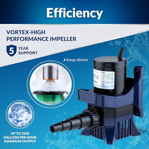 Alpine Corporation 2100 GPH Submersible Water Pump with 33 FT Cord and Adapters for Ponds, Fountains, Waterfalls, and Water Circulation, 192 Watts 20 FT Lift Quiet Operation Vertical/Horizontal