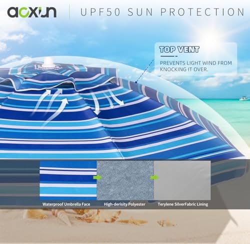 Aoxun 8ft Beach Umbrella with Tray and Tilt Pole Portable Patio Umbrella with Sand Anchor and Carry Bag Outdoor UPF 50+ Sun Shelter with Air Vents Design (Navy Blue)