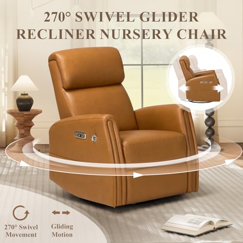 COLAMY Electric Power Swivel Recliner Chair, PU Leather Rocking Chair, 270° Swivel 145° Recliner Chair with Built-in Charging Ports for Living Room, Home, CognacBrown