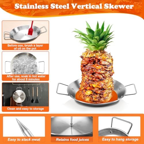 Al Pastor Skewer for Grill, Shawarma Skewer Stand, Stainless Steel Brazilian Vertical Spit with 5 Removable Spikes(6"/8”/10"/12”/14")& Brushes, for Tacos Al Pastor, Grill Smoker Oven BBQ