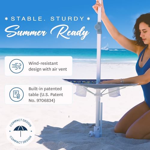 AMMSUN 7ft Heavy Duty High Wind Beach Umbrella with sand anchor, Built-in Table Tray & Tilt Pole, UPF 50+ Windproof Portable Outdoor Umbrellas Carry Bag for Patio Garden Pool Backyard stripe (Haute