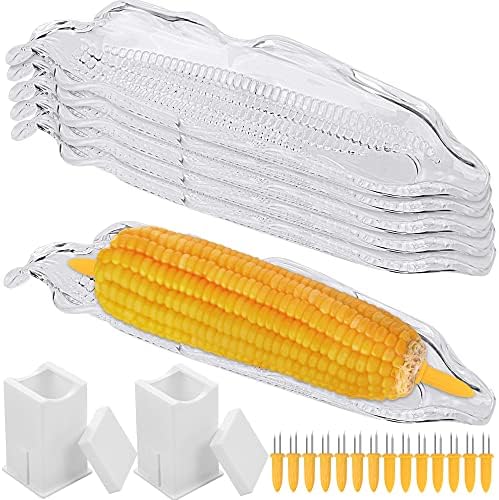 Aodaer 22 Pieces Corn Cob Holders and Dish Set with 2 Corn Butter Spreaders Transparent Service Tray Corn Dish Plastic Corn Trays Corn on The Cob Skewer BBQ Tool Cob Dinnerware for Sweet Butter Corn