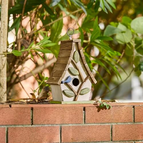 Glitzhome Bird Houses for Outside, 9.5" H Hanging Bird House Distressed Solid Wood Decorative Garden Birdhouse for Outdoors with Natural Wood Pallet Roof and 3D Tree,Washed White