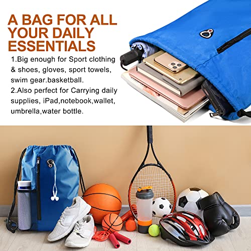 BeeGreen Royalblue Draw Strap Backpack For Men With Water Bottle Pocket &Front Zippered Pocket Large String Bags For Traveling Yoga Beach Outdoor Gym