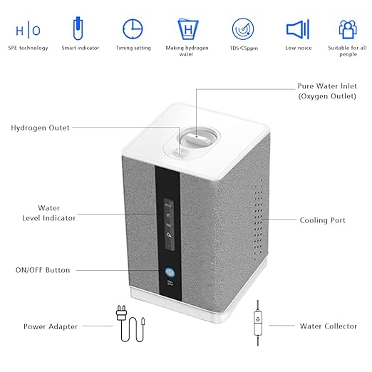 Hydrogen Water Inhalation Machine, 99.99% High Purity H2 Hydrogen Inhaler with 5 Nasal Cannula, Hydrogen-Rich Water Generator, 150ml/min SPE/PEM Ionizer for Home Car Travel (Gray)