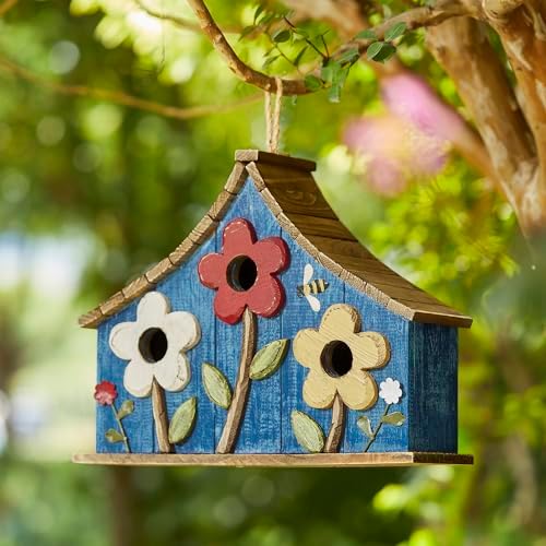 Glitzhome Bird Houses for Outside, 15" L Oversized Distressed Solid Wood Birdhouse with 3D Flowers Rustic Three-Story Villa Decorative Hand-Painted Hanging Bird Houses for Outdoors,Washed Blue