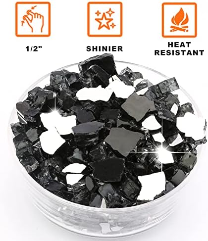 10 lbs Fire Glass, 1/2 Inch Black Reflective Fire Glass for Propane Fire Pit, Fire Pit Glass Rocks Safe for Fireplace, Table and Landscaping