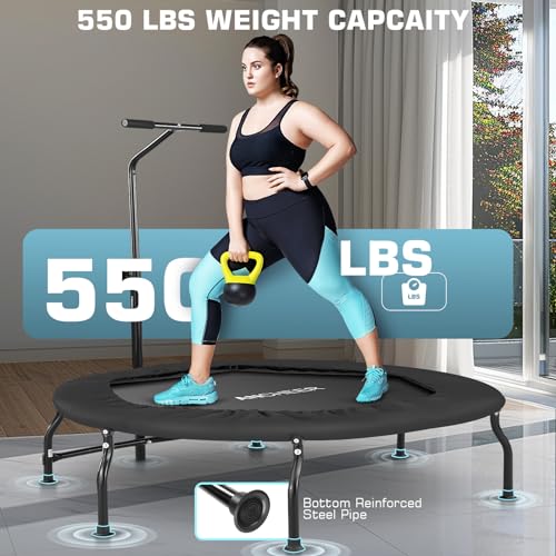 ANCHEER 40" Foldable Mini Trampoline Max Load 450lbs, Fitness Trampoline with Bungees, Adjustable Foam Handle, Indoor Exercise Trampoline for Adults Inoor/Garden Workout (Blue 50'')