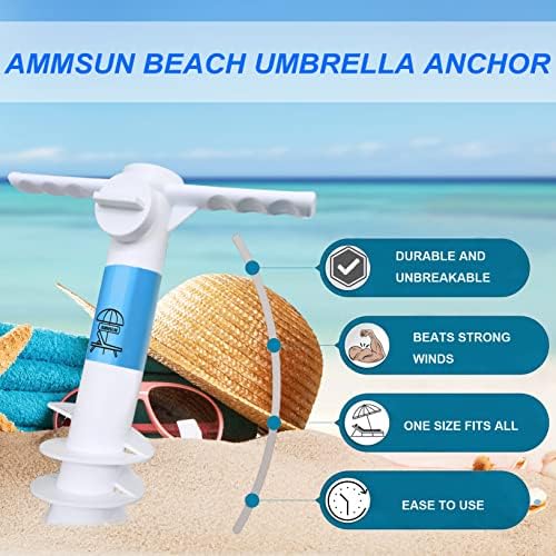 AMMSUN Beach Umbrella sand Anchor Stand Holder Heavy Duty and beach umbrella hanging hook, Universal One Size Fits Most Beach Umbrella| Safe Stand for Strong Winds Portable Beach Accessories