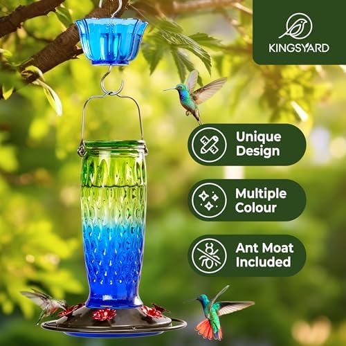 Kingsyard 2 Pack Glass Hummingbird Feeders for Outdoors Hanging, Wild Bird Nectar Feeder with 6 Feeding Ports, 24 oz Leak-Proof, Green & Blue (Ant Moat Included)