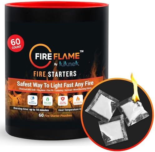 Fireflame Quick Instant Fire Starter - 100% Waterproof All-Purpose Indoor & Outdoor Firestarter, for Charcoal Starter, Campfire, Fireplace, BBQ - Odorless and Non-Toxic - 60 Pouches in Canister