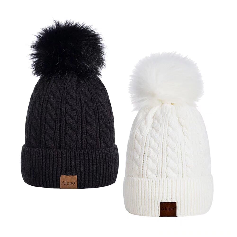 Alepo Womens Winter Beanie Hat, Warm Fleece Lined Knitted Soft Ski Cuff Cap with Pom Pom (Black+White)
