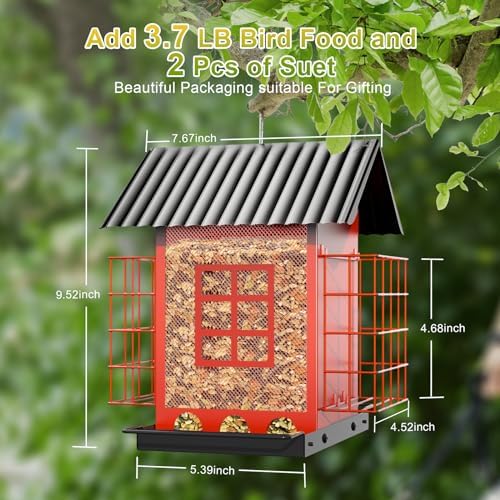 Bird Feeders for Outdoors Hanging, Metal Bird Feeder with Double Suet Cage Cake, Large Capacity, Birdfeeders Sturdy & Weatherproof, Easy to Clean & Refill, Great for Attracting Wild Birds