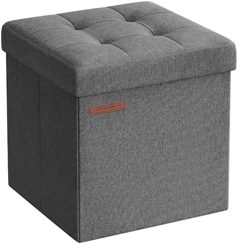 SONGMICS 11.8 Inches Small Folding Storage Ottoman Cube, Storage Footrest, Foot Rest Stool, for Living Room, Bedroom, Dorm, Dark Gray ULSF028G01