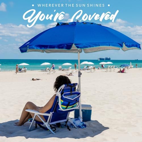 AMMSUN 7ft Heavy Duty HIGH Wind Beach Umbrella with sand anchor & Tilt pole Sun Shelter, UV 50+ Protection Outdoor Sunshade Umbrella with Carry Bag for Patio Garden Beach Pool Backyard Blue