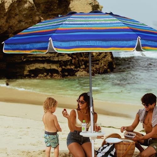 AMMSUN 8 Feet Large Beach Umbrella with Sand Anchor Heavy Duty High Wind Portable Outdoor Umbrellas UV 50+ Protection Air Vent Tilt Patio Garden Pool
