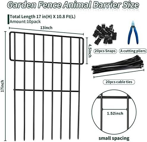 Animal Barrier Fence, 10 Panels No Dig Fence, 10.8ft(L) x 17in(H) Decorative Garden Fences, Fencing Border for Dog and Rabbit Fencing, Rustproof Metal Fences Border for Outdoor Yard Patio