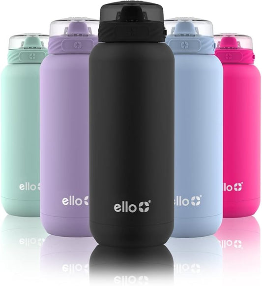 Ello Cooper 32oz Stainless Steel Water Bottle with Straw and Carry Handle, Double Walled and Vacuum Insulated Metal, Leak Proof Locking Lid with Soft Silicone Spout, Reusable, BPA Free, Black