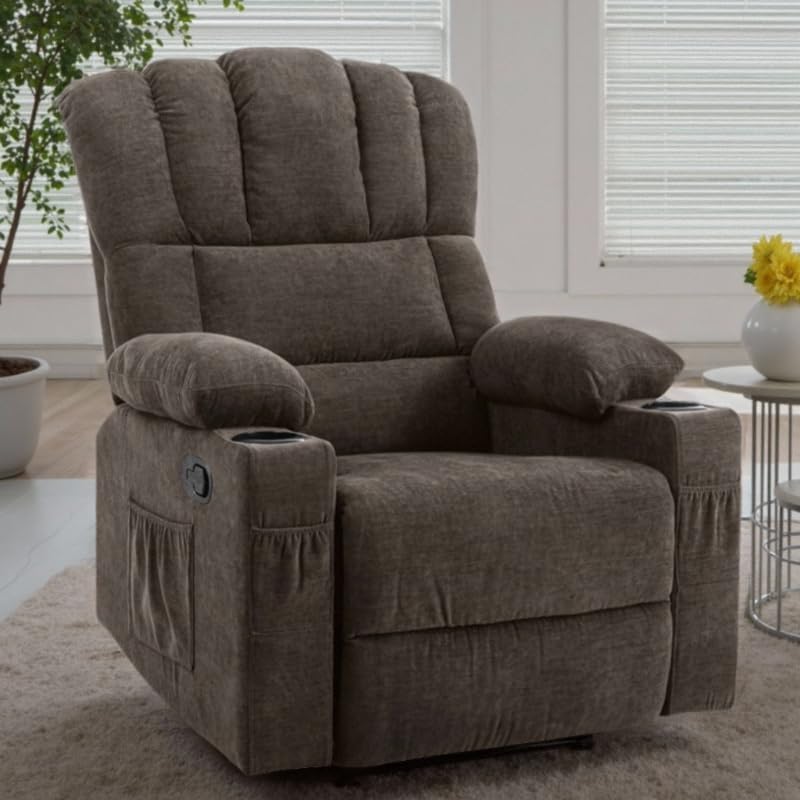 YITAHOME Glider Rocker Recliner Chair with Massage & Heat, 160° Manual Rocking Recliner Chair with USB Ports, Cup Holders & Side Pockets, Fabric Reclining for Elderly, Brown