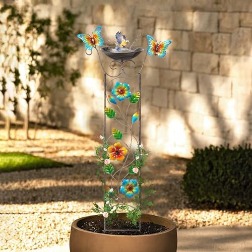 Bird Bath with Trellis Outdoor, Antique Garden Iron Plant Trellis with Decorative Floral-Butterflies Detachable Bird Bath Bowl Metal Potted Plants Support for Climbing Flowers