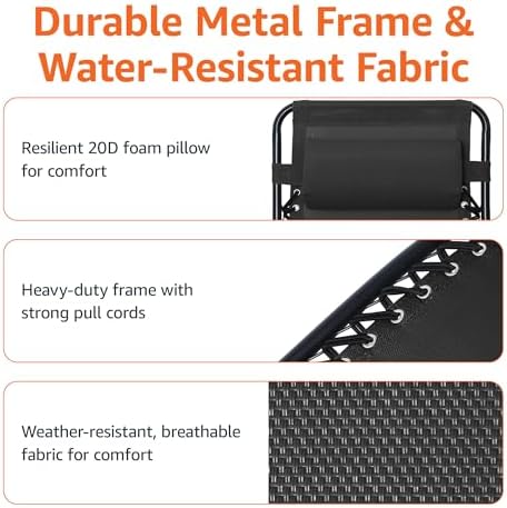Amazon Basics Outdoor Patio Zero Gravity Lounge Chair with Pillow, Folding Reclining and Textilene Adjustable, Folding Lounge Lawn Chairs for Outside, 26", Black