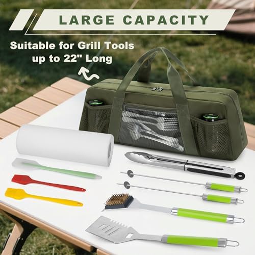 Grill Tool Storage Bag, Outdoor BBQ Utensil Holder for Barbecue Tool up to 20", Large Grill Utensil Storage Caddy with Pockets, BBQ Accessories Case Container for Camping, Bag Only, Green